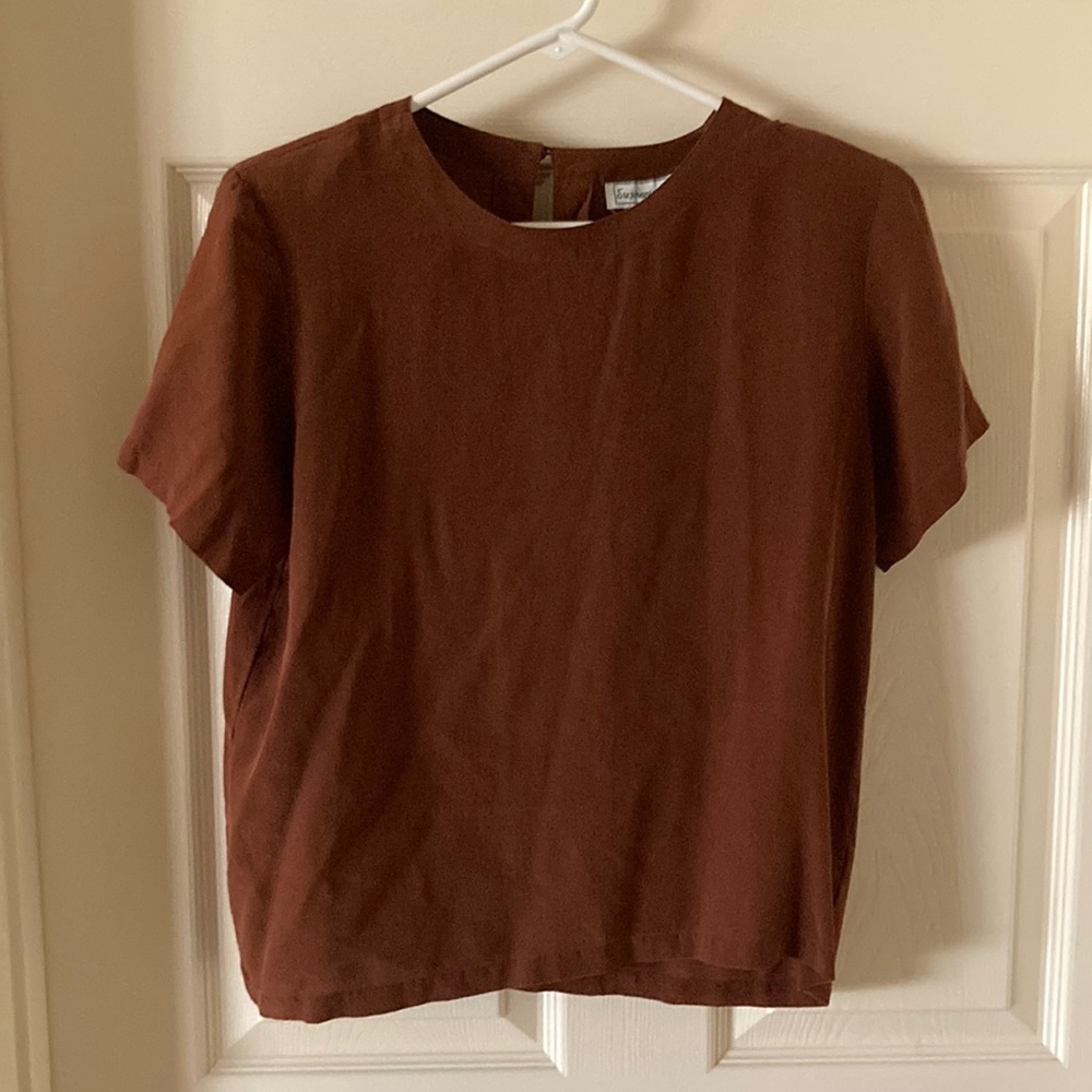 Vintage Stephanie Andrews Brown 100% Silk Short Sleeve Skimming Blouse Medium